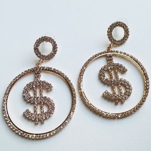 2" Gold Stud Rhinestone $ Sign Dbl Hoop Earrings